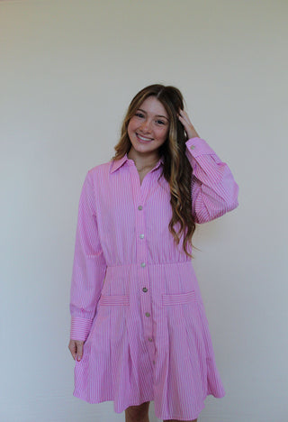 Pink Stripe Pleated Skirt Dress