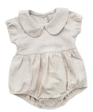 Baby Girl Linen Romper Short Sleeve - oatmeal